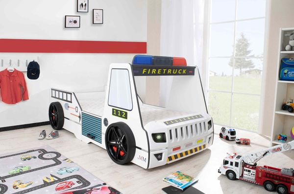 Autobett Kinderbett 90x200 Feuerwehrbett "Rio Firetruck" Hochglanz mit LED Leuchte Weiß