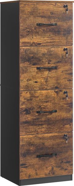 VASAGLE Aktenschrank, Büroschrank für Homeoffice, Druckerständer, mit 4 abschließbaren Schubladen, verstellbare Hängestangen, für A4- und Letter-Formate, vintagebraun-tintenschwarz OFC082K02
