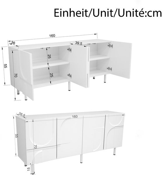 Sideboard 160x38,5x70 cm, weiß, geometrisches Design mit leisen Türen und pflegeleichter MDF-PB Oberfläche Bild 3