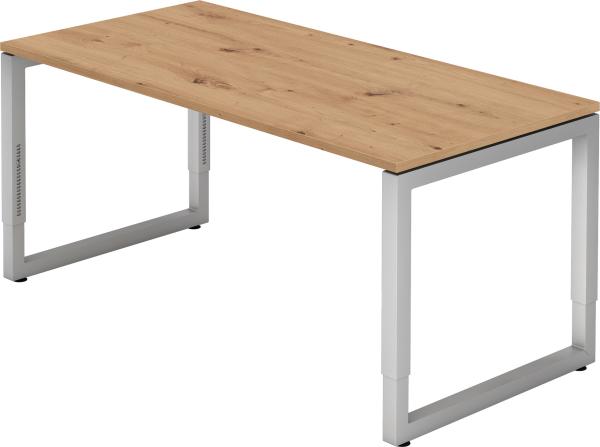 bümö höhenverstellbarer Schreibtisch R-Serie 160x80 cm in Asteiche, Gestell in Silber - PC Tisch für's Büro manuell höhenverstellbar, Computertisch verstellbar, RS-16-R-S