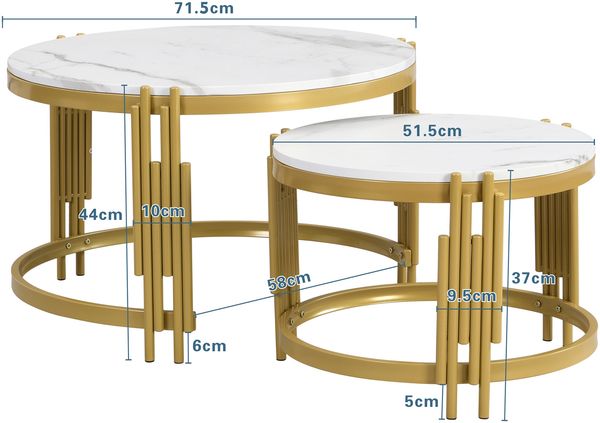 Couchtisch-Set, Marmoroptik & Metallgestell, 71,5x71,5x44/51,5x51,5x37 cm, Weiß/messing Bild 4