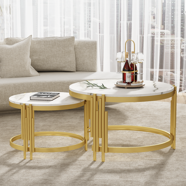Couchtisch-Set, Marmoroptik & Metallgestell, 71,5x71,5x44/51,5x51,5x37 cm, Weiß/messing