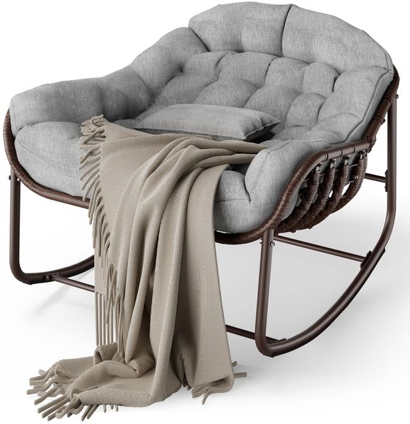 GarveeHome Outdoor Patio Schaukelstühle, Überdimensionierter Papasan-Schaukelstuhl für Innen mit Gepolstertem Kissen - Ei-Schaukelstuhl für Wohnzimmer, Veranda, Garten, Terrasse, Hinterhof