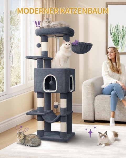 Kratzbaum, 149cm Katzenbaum, Katzenkratzbaum mit 5 Kratzsäulen, großen Plattformen, Versteckhöhle, mehrstöckiges Katzenaktivitätszentrum, Pompons, Dunkelgrau