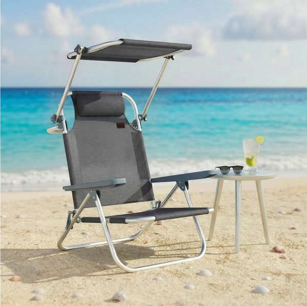 Outsunny Gartenliege mit Kopfkissen verstellbarem Dach 6-Fach verstellbare Rückenlehne, klappbar Liegestuhl, 1 St, Sonnenliege, bis 120 kg für Garten Urlaub Strand Pool Dunkelgrau
