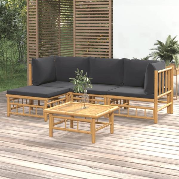 vidaXL 5-tlg. Garten-Lounge-Set mit Dunkelgrauen Kissen Bambus 3155210