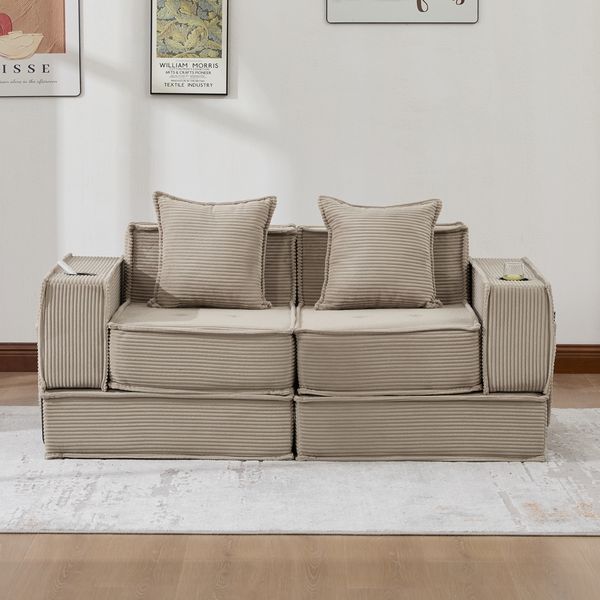 Sofa 162x78x66 cm in Khaki, Cord mit 120x54 cm Sitzfläche, 2 Kissen und Seitentaschen