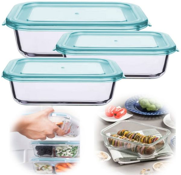 LS-LebenStil Frischhaltedose Glas Cook & Lock 3´er Set Glasschale mit Deckel Glasbehälter Boxen, Glas, (Glasdose mit Deckel, Borosilikatglas, Meal Prep Gläser Vorratsdose, 3-tlg, 3-teilig, 630, 1040, 1500 ml, Rechteckig, Stapelbar, Luftdicht), Mikrowel...
