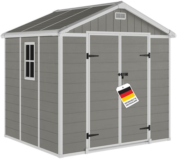STEELSØN 'Novara' Gerätehaus Satteldach, Kunststoff, grau, wetterfest, 226x200x230 cm, abschließbar, Gartenhaus mit Fenster