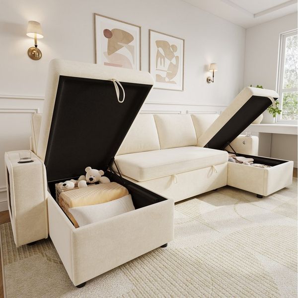 Merax Ecksofa U-förmiges Sofa mit USB-Anschluss, 270 x 125 x 86 cm 1 Teile, Ausziehbares Schlafsofa mit Stauraum, Becherhaltern & Ablage, Chenille