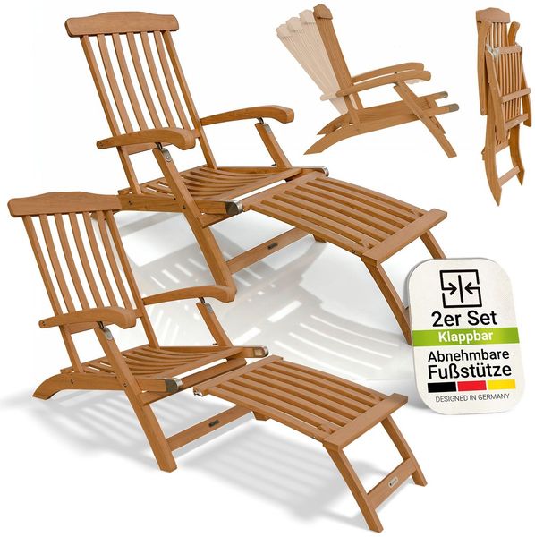 Juskys® Sonnenliege Evia 2er Set - klappbar für Garten und Terrasse, geöltes Akazienholz für natürliche Optik und langlebige Nutzung, 196x54x95 cm in Natur