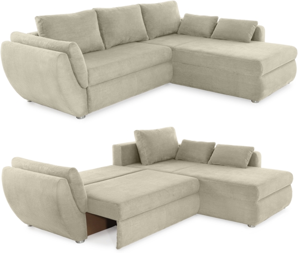 Ecksofa Schlaffunktion Couch mit Rutschenlehne Bettkasten in Cord Beige Grau