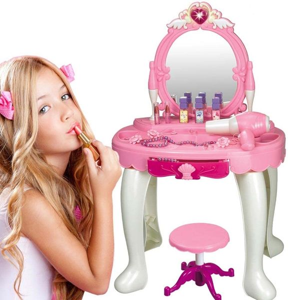 BAKAJI Make-Up Tischspiegel Spielzeug für Kinder Schminktisch Tänzer mit Hocker Lichter Sounds Haartrockner Batteriebetrieben und Zubehör Spiel Größe 45 * 32 * 72 cm