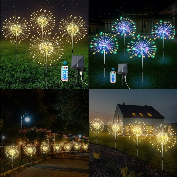 MUPOO LED Solarleuchte 4 Pack LED Dekolicht, 120 LED Feuerwerk, Dimmbarer Timer, 8 modi, Warmweiß, Fernbedienung, 8 Modi, für Garten,Hof,Warmweiß/Multicolor,DIY Feuerwerksleuchten Bild 3