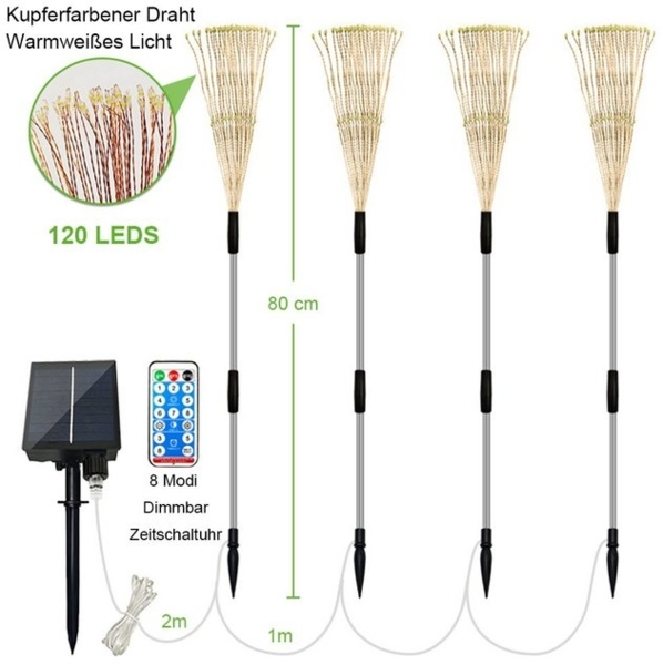 MUPOO LED Solarleuchte 4 Pack LED Dekolicht, 120 LED Feuerwerk, Dimmbarer Timer, 8 modi, Warmweiß, Fernbedienung, 8 Modi, für Garten,Hof,Warmweiß/Multicolor,DIY Feuerwerksleuchten Bild 4