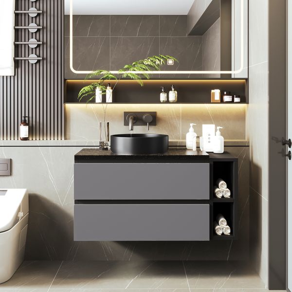 Kommode mit Premium-Marmor-Arbeitsplatte und schwarzem Keramikbecken, MDF, Farbblock Schwarz+Grau,80*44*48.5 cm