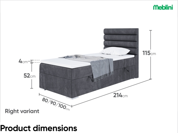 MEBLINI Boxspringbett KARIM 80x200 cm mit Bettkasten - H4/Dunkelgrau Samt Gepolstert Einzelbett mit Topper & Taschenfederkern-Matratze - 80x200 Rechts Bild 7
