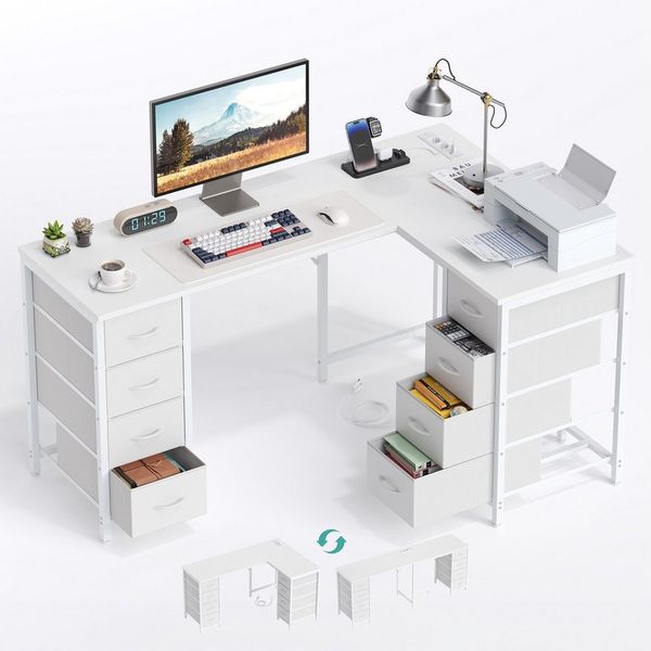 YOUDENOVA Schreibtisch Reversibler L-Form-Eckschreibtisch, Computertisch, Gamingtisch (1-St), mit 8 Stoffschubladen, Steckdosen & USB-Ladeanschlüssen Bild 3