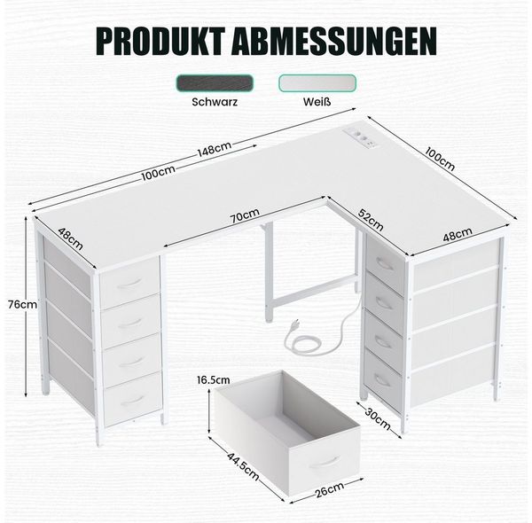 YOUDENOVA Schreibtisch Reversibler L-Form-Eckschreibtisch, Computertisch, Gamingtisch (1-St), mit 8 Stoffschubladen, Steckdosen & USB-Ladeanschlüssen Bild 2