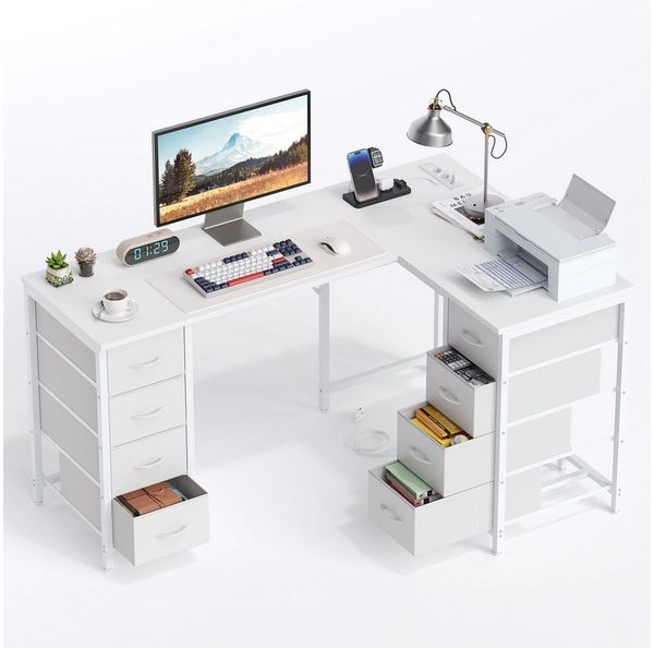 YOUDENOVA Schreibtisch Reversibler L-Form-Eckschreibtisch, Computertisch, Gamingtisch (1-St), mit 8 Stoffschubladen, Steckdosen & USB-Ladeanschlüssen