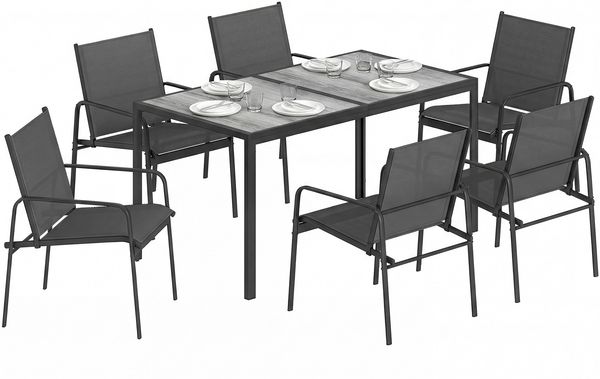 Gartenmöbel Set Sitzgruppe 150 x 80cm Tisch mit 6 Atmungsaktiven Stühlen Holzoptik Stahlrahmen Schwarz