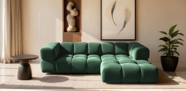 Ecksofa Designersofa BLANCHE in Stoff Bluvel Flaschengrün Ottomane Rechts