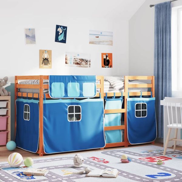 vidaXL Etagenbett mit Vorhängen Blau 90x200 cm Massivholz Kiefer 3283947