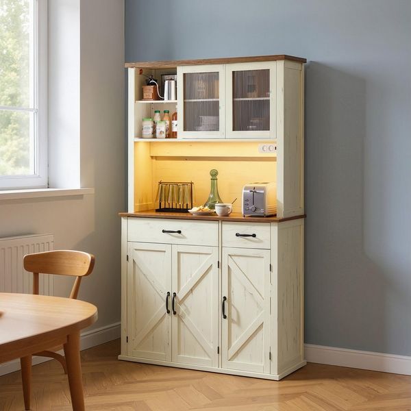 VASAGLE Buffet Sideboard, Küchenschrank, Aufbewahrungsschrank, 39,5 x 106,5 x 180,6cm mit Beleuchtung, Ladestation, Türen, Schubladen, verstellbare Ablagen