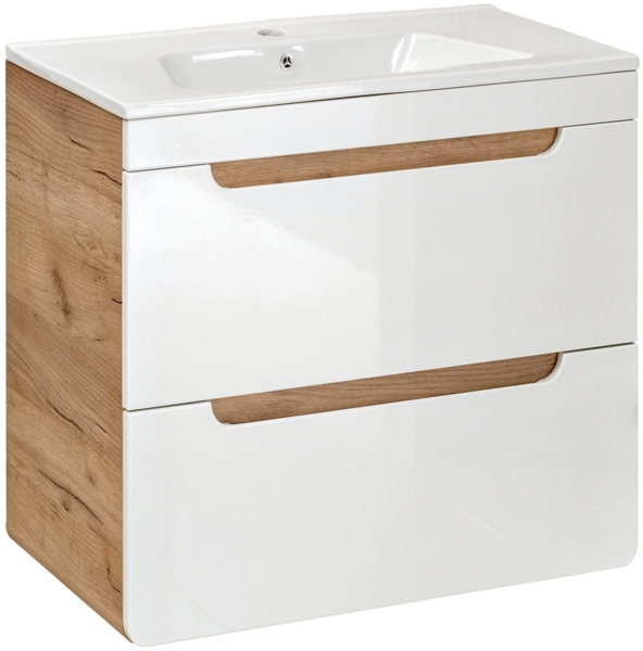 Badezimmer Waschplatz Set inkl. 61 cm Keramikwaschtisch LUTON-56 Hochglanz weiß mit Wotan Eiche Nb, B/H/T ca. 110/200/46 cm Bild 2