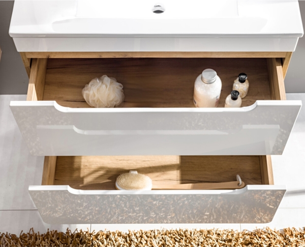 Badezimmer Waschplatz Set inkl. 61 cm Keramikwaschtisch LUTON-56 Hochglanz weiß mit Wotan Eiche Nb, B/H/T ca. 110/200/46 cm Bild 5