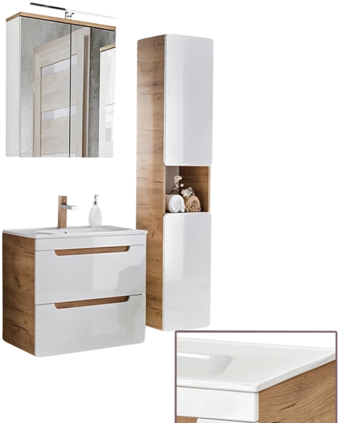 Badezimmer Waschplatz Set inkl. 61 cm Keramikwaschtisch LUTON-56 Hochglanz weiß mit Wotan Eiche Nb, B/H/T ca. 110/200/46 cm Bild 9