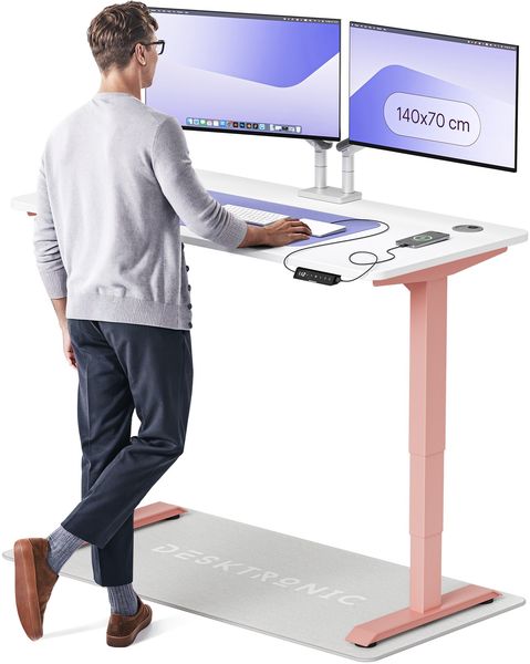 Desktronic HomePro Elektrisch höhenverstellbarer Schreibtisch 140x70cm Rosa/Weiß mit Memory-Funktion, Anti-Kollisions Technologie, USB-A und USB-C-Ladeanschlüssen