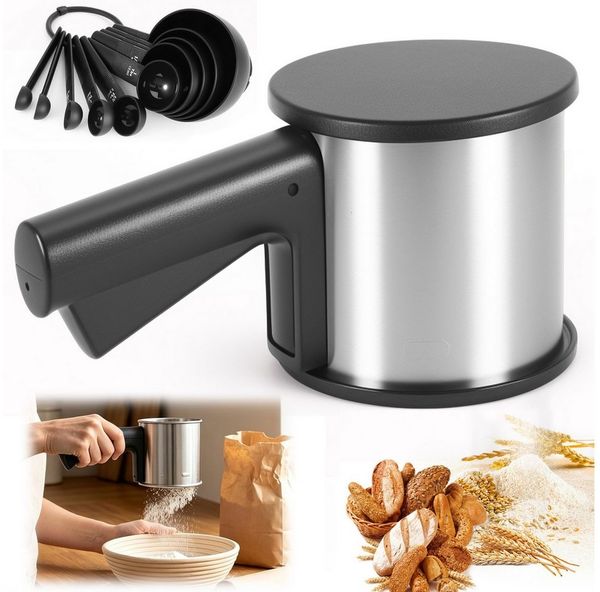 BlingBin Puderzuckerstreuer Edelstahl Mehlstreuer Staubzuckerstreuer mit 10-teiliges Löffel-Set, (1-tlg), Mehlsieb mit Deckel & Griff für Backen & Dekoration, Spülmaschinenfest
