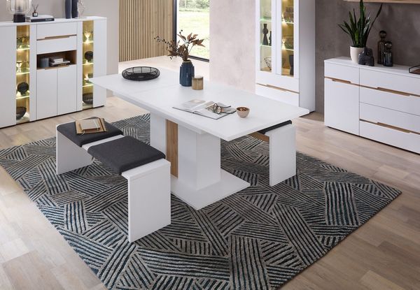 Stella Trading Memphis Esstisch ausziehbar in Weiß, Artisan Eiche Optik - Ausziehbarer Esstisch für Ihr Wohn- & Esszimmer - 160-210 x 75 x 90 cm (B/H/T)