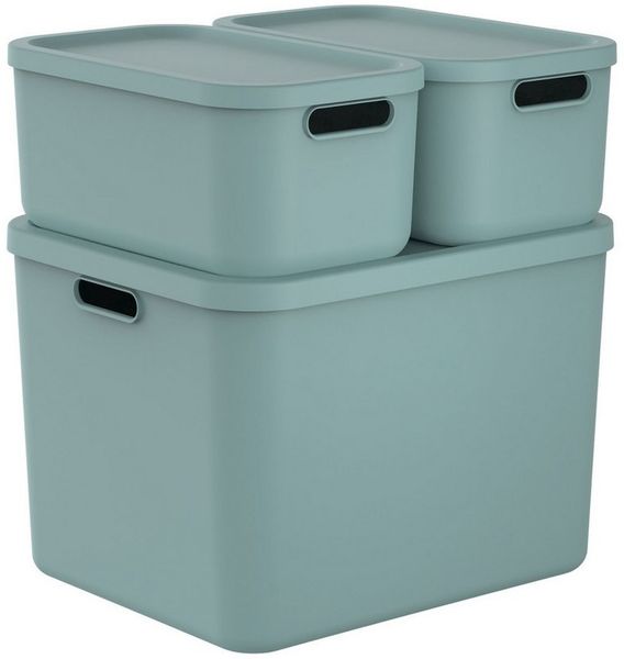 ROTHO Stapelbox Albula Light Set 3tlg. 2x12l und 55l Aufbewahrungsboxen mit Deckel (3-teilig, Boxen-Set), Recycelt, modular, mit Tragegriffen