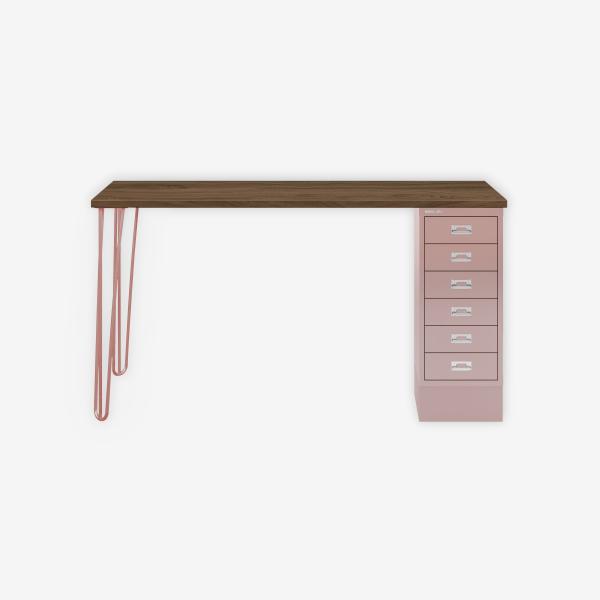 MultiDesk, 2 Stahlfüße, 1 MultiDrawer mit 6 Schüben, Dekor Nussbaum, Farbe Pastellpink, Maße: H 740 x B 1400 x T 600 mm