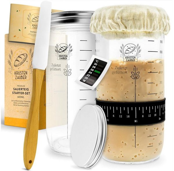 Krustenzauber Brotbackform Sauerteig Starter Set - Gärglas mit Spatel u. Thermometer -, (Brot Backen Zubehör, Sauerteig Glas, Fermentieren, 2-tlg), Sourdough Starter Kit, Anstellgut Glas Behälter, Fermentierglas