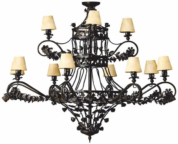 Casa Padrino Luxus Barock Schmiedeeisen Kronleuchter Schwarz / Beige Ø 150 x H. 130 cm