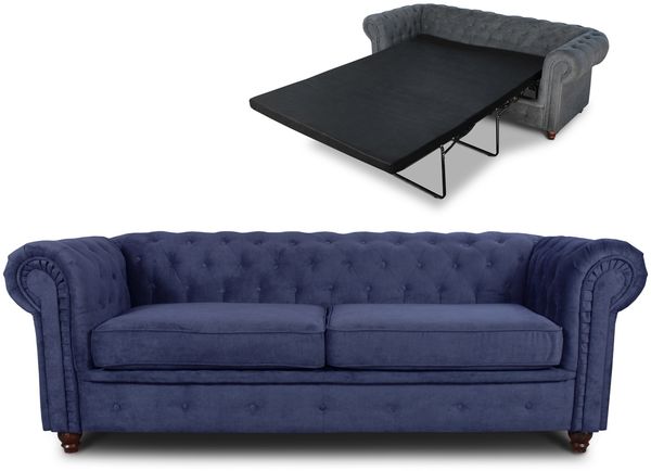 Schlafsofa Chesterfield Asti Bis 3-Sitzer, Sofa mit Schlaffunktion, Couch 3-er, Couchgarnitur, Sofagarnitur, Holzfüße - Glamour Design (Blau (Capri 89))