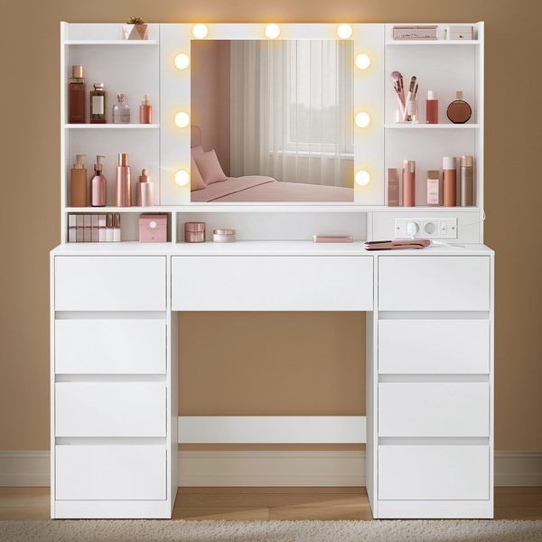 VASAGLE Schminktisch mit Spiegel und LED-Leuchten, Steckdosenleiste, Schubladen (1 Tisch), 2 Schränke, 9 dimmbare Glühbirnen, 3 Lichtfarben, verstellbare Ablagen
