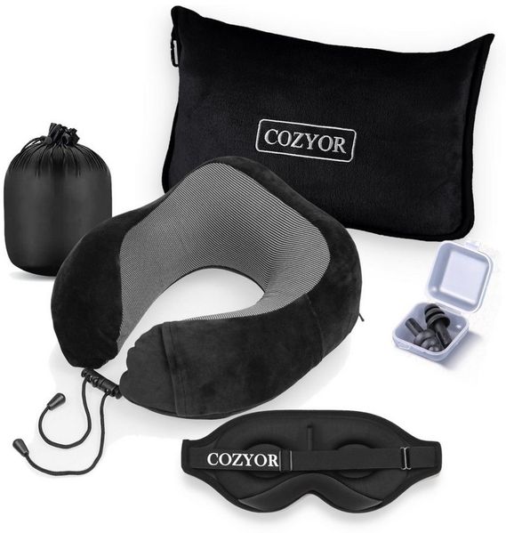 Cozyor Nackenstützkissen Memory Nackenkissen mit verstellbarem Verschluss + praktischer Tasche, Bezug: waschbarer Bezug, Spar-Set, Reise-Set mit Reisedecke & Augenmaske