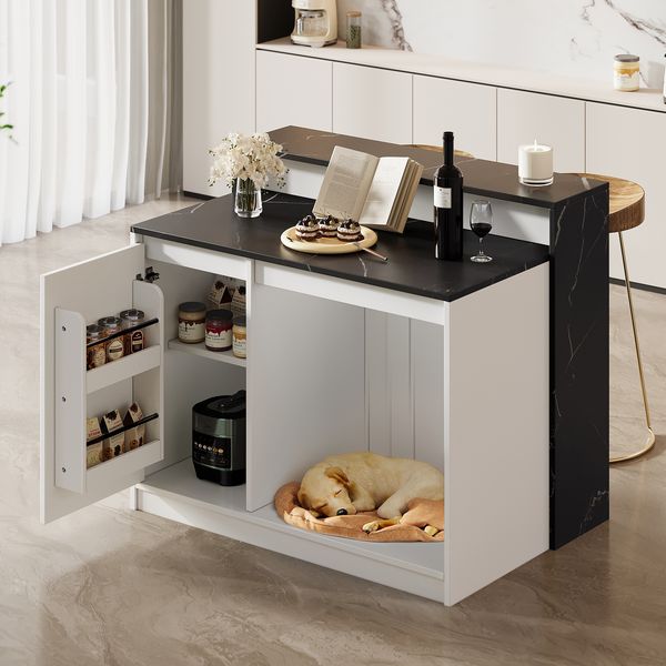 Kücheninsel, Kücheninsel mit Bartresen, Küchentisch & Bartresen, multifunktionaler Küchentisch, mit Haustierruhebereich, für Küche & Esszimmer, Weiß + schwarze Marmoroptik, 120×80×100cm