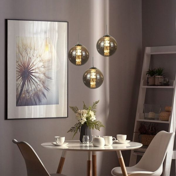 ZMH Pendelleuchte Esstisch 150CM Höhenverstellbar Pendellampe Kronleuchte Wohnzimmer, Glaskugel Hochwertige Design, LED wechselbar, 3-Flammig Grau Esszimmerlampe Schlafzimmer