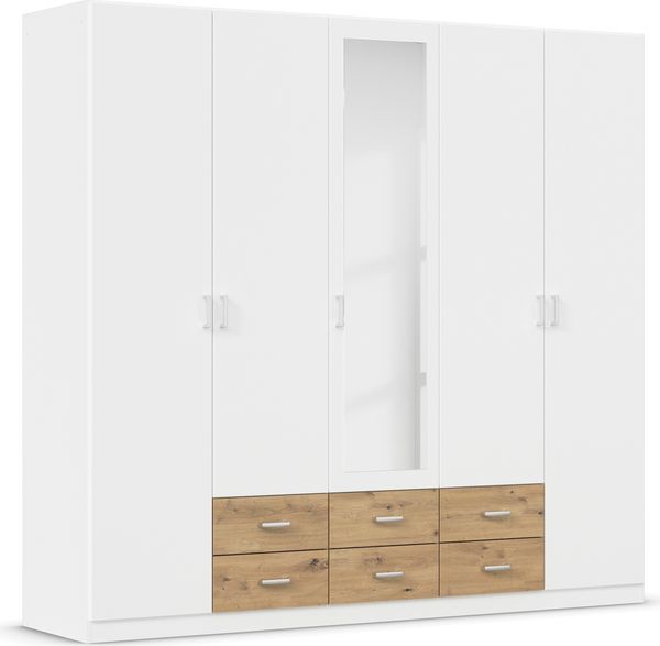 rauch Kleiderschrank, Drehtürenschrank GAMMA, 5-türig, 1 Spiegeltüre teilaufgelegt, 6 Schubkästen, Alpinweiß, 226 x 210 x 54 cm Bild 3