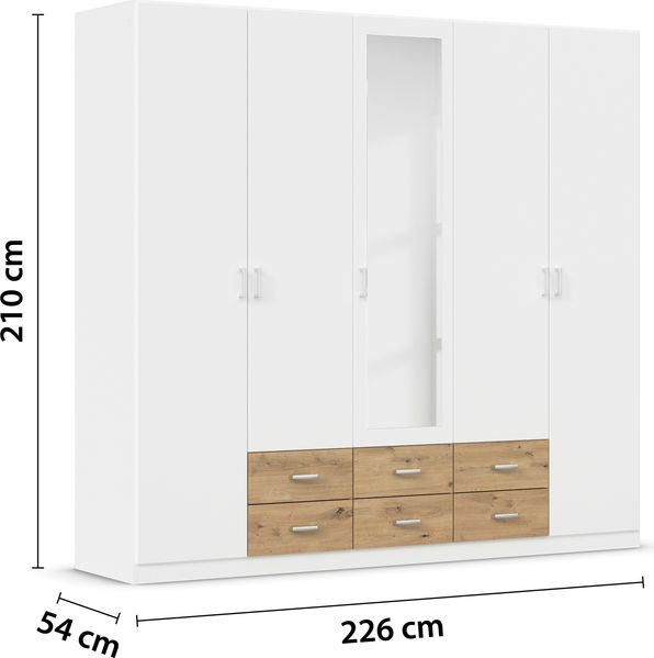 rauch Kleiderschrank, Drehtürenschrank GAMMA, 5-türig, 1 Spiegeltüre teilaufgelegt, 6 Schubkästen, Alpinweiß, 226 x 210 x 54 cm Bild 4