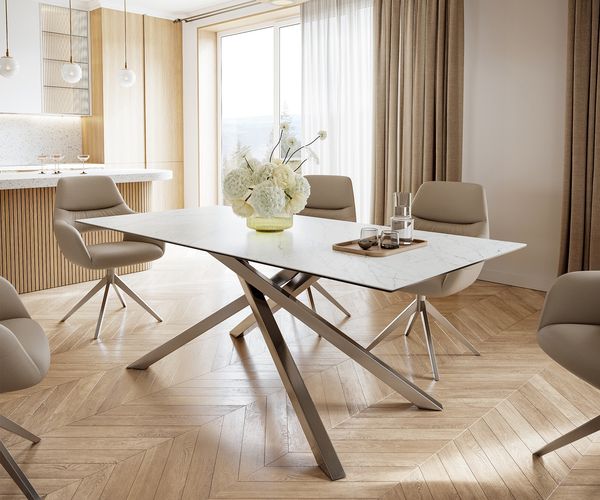 Esstisch Edge 200x100cm Keramik Laminam®Statuarietto Weiß Kreuzgestell Rechteck Edelstahl