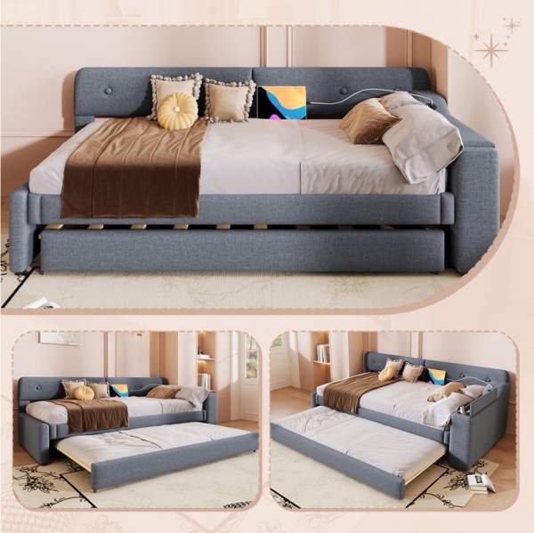 REDOM Daybett Schlafsofa,Tagesbett,mit ausziehbarem Ausziehbett (Schlafsofa 90x200 cm mit Lattenrost und ausziehbarem Rollbett, USB+Type-C Ladeanschluss, Staufach), ohne Matratze Bild 2