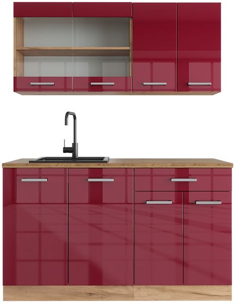 Singleküche R-Line Rot Hochglanz/Goldkraft Eiche 140 cm ohne Arbeitsplatte Vicco