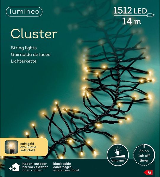 Lumineo LED-Lichterkette Lumineo Lichterkette CLUSTER 1512 LED 14 m Soft Gold, schwarzes Kabel, Indoor/Outdoor, dimmbar, 8h-Timer, + 5 m Zuleitung