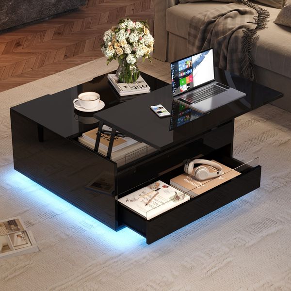 Wohnzimmer-Couchtisch, Anhebbarer Kaffeetisch mit LED-Lichtleiste, Sofatisch mit 1 Schublade, Hochglanz-Beistelltisch mit verstecktem Stauraum und hochklappbaren Türen, MDF, Schwarz, 70 x 70 x 38 cm